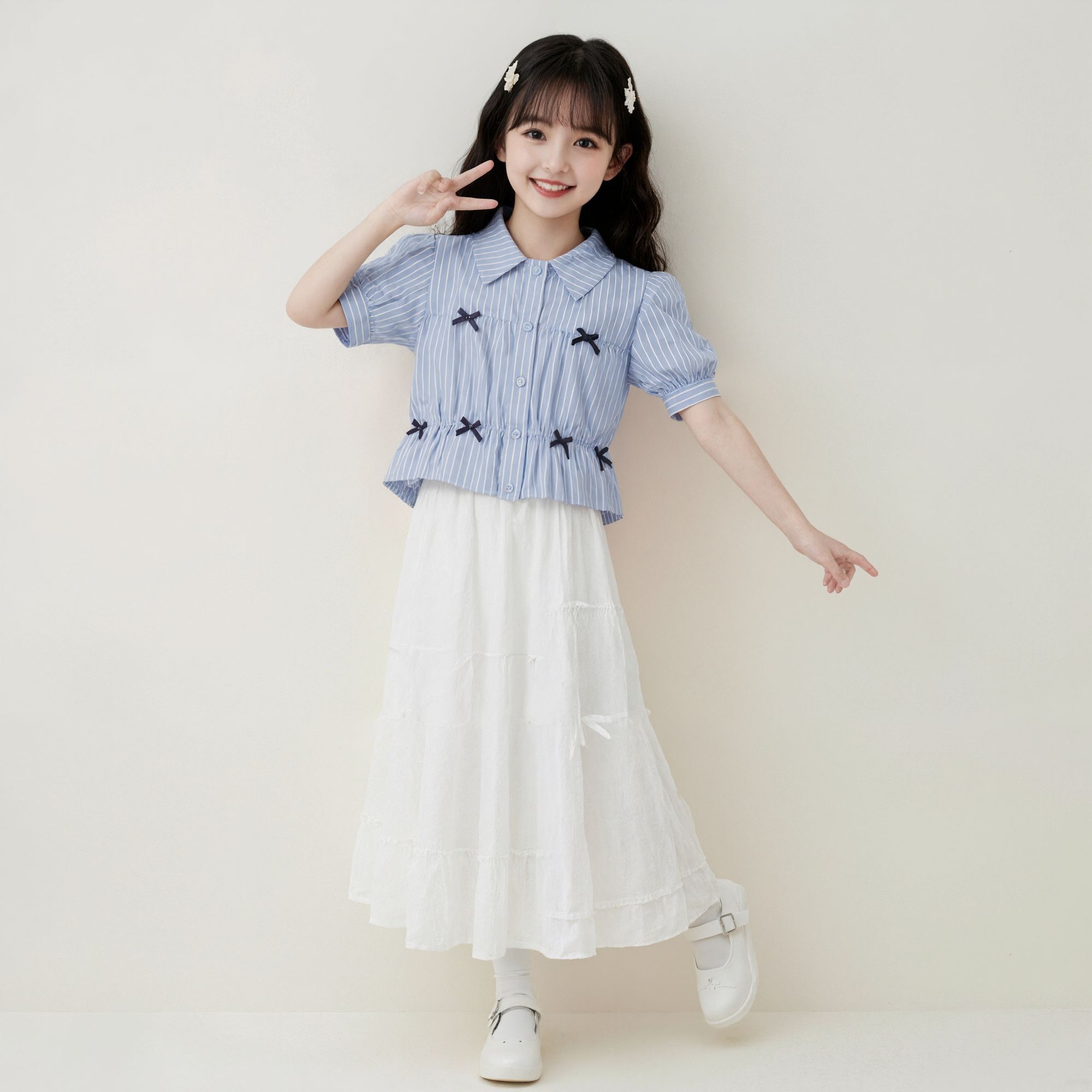 Girls  Casual Outfit - Summer Children s Fashionable Short-sleeved Striped Shirt and Skirt Set 130