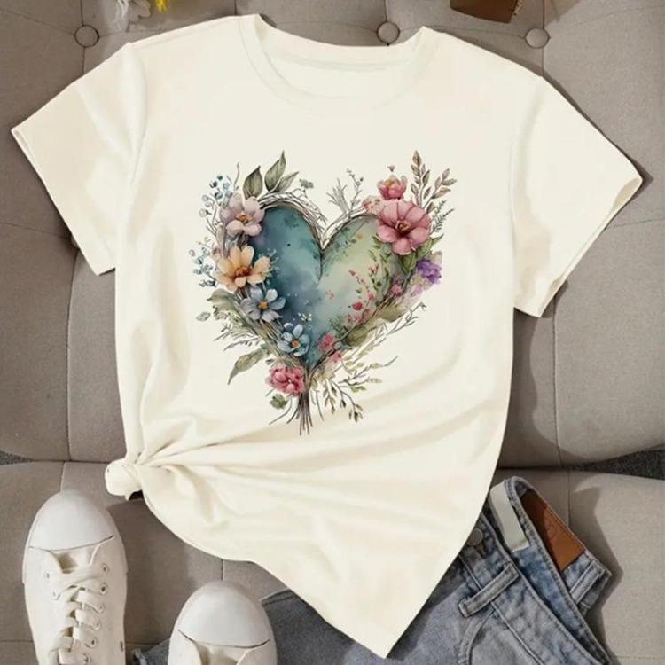 

Women s Heart Print T-shirt Short Sleeve Crew Neck Casual Top For Spring Summer XS бежевый