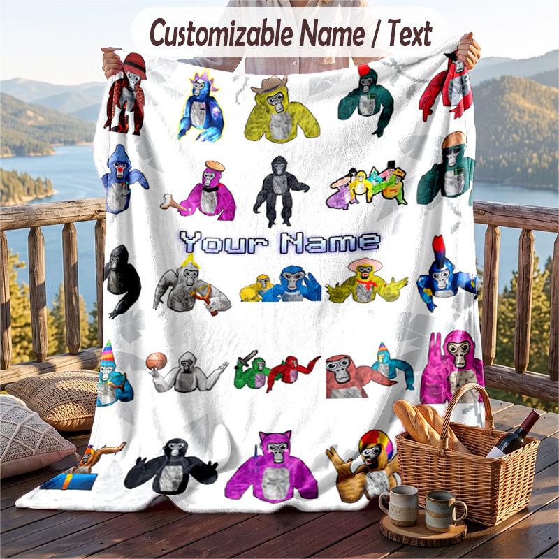 Gorilla Tag cartoon Flannel Blanket, Personalized Custom Name Text, Soft Warm Plush Throw Blanket For Gift
