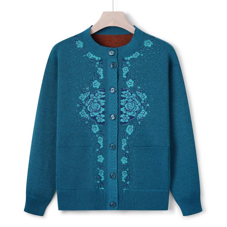 Pull d'automne et d'hiver pour femmes, pull tricoté d'âge moyen et pour personnes âgées, cardigan plus velours pour mères âgées, nouveau haut épais