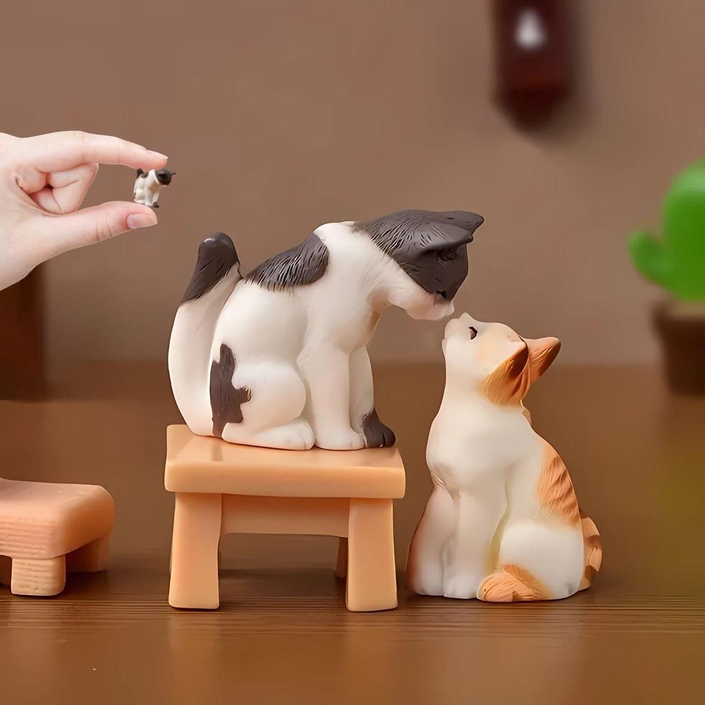 a3Pcs Small Cat Set (Including 2 Cats & 1 Chair), Resin Kitten Statues - Kissing Cat Caturines For Car, Desktop, Office, Creative Micro Landscape