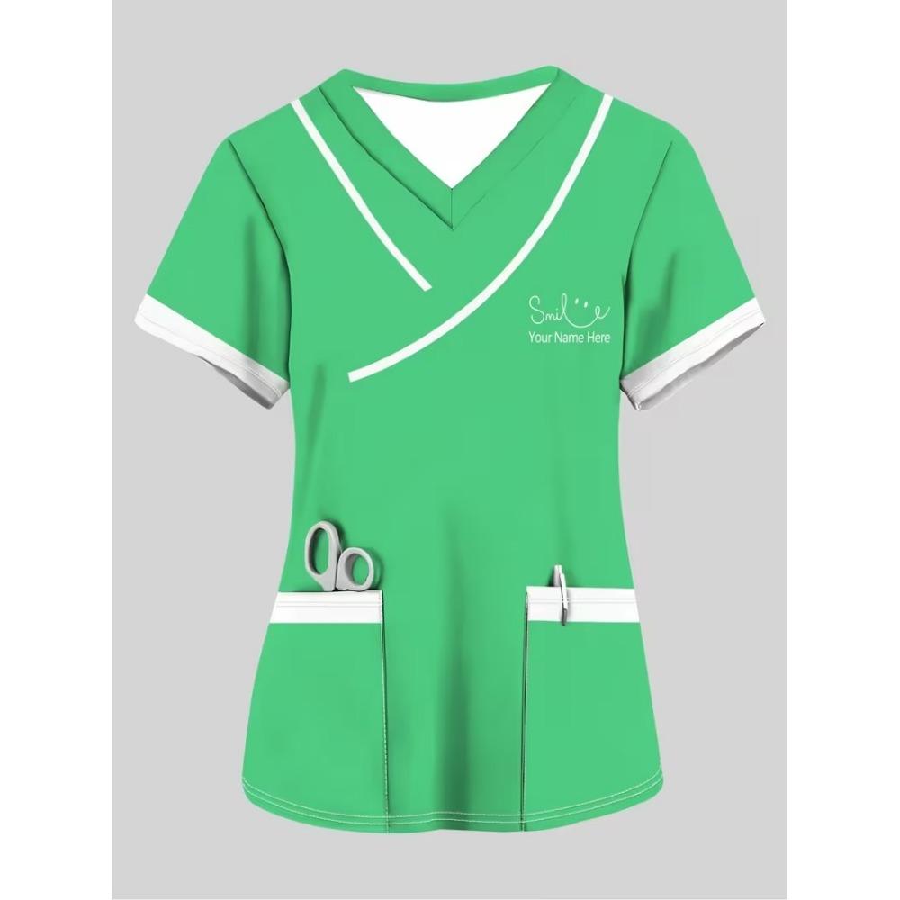 Surgical Gown Women's 3D Printed Nurse Top Summer Fashion V-tie Pocket Short Sleeved Women's Medical Gown