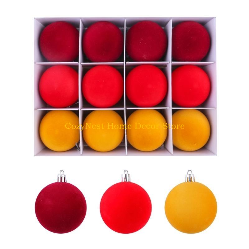 92MF 12pcs Multicolored Flocking Christmas Ornament Flocking Christmas Baubles Set Easy to Hanging Baubles for Holiday Decors