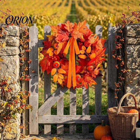 Vintage Style Harvest Party Decorations Fall Maple Leaf Pumpkin Wreath Artificial Berry Door Hanger Autumn Forest Scene Hanging Decor for Thanksgiving