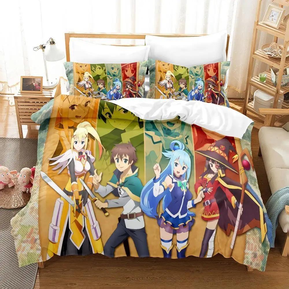 Kawaii KonoSuba Bedding Set 3D Anime Duvet Cover King Size for Adult Kids Bedroom Cartoon Girls