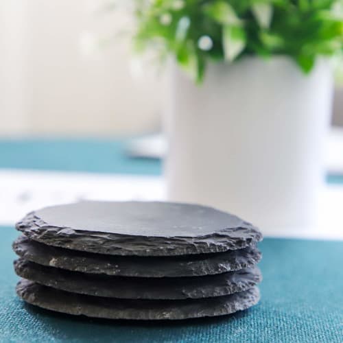 TOSSOW Natural Stone Slate Coasters, Handmade, Heat-Resistant, Insulated, Quick-Drying, Non-Slip, Set of 4, Stylish Tea Trays, Ins Style, Black, Round