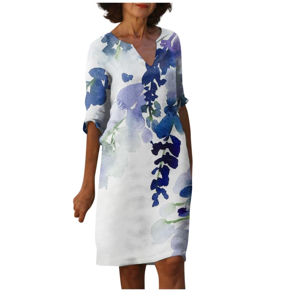 Damen Sommer Vintage Blumendruck V-Ausschnitt Halbarm Kleid Leichtes atmungsaktives Kleid