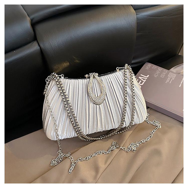 Women's Elegant Satin Evening Bag Pleated Clutch Wedding Purse Chains Party Prom Handbags with Rhinestones for Wedding Bride