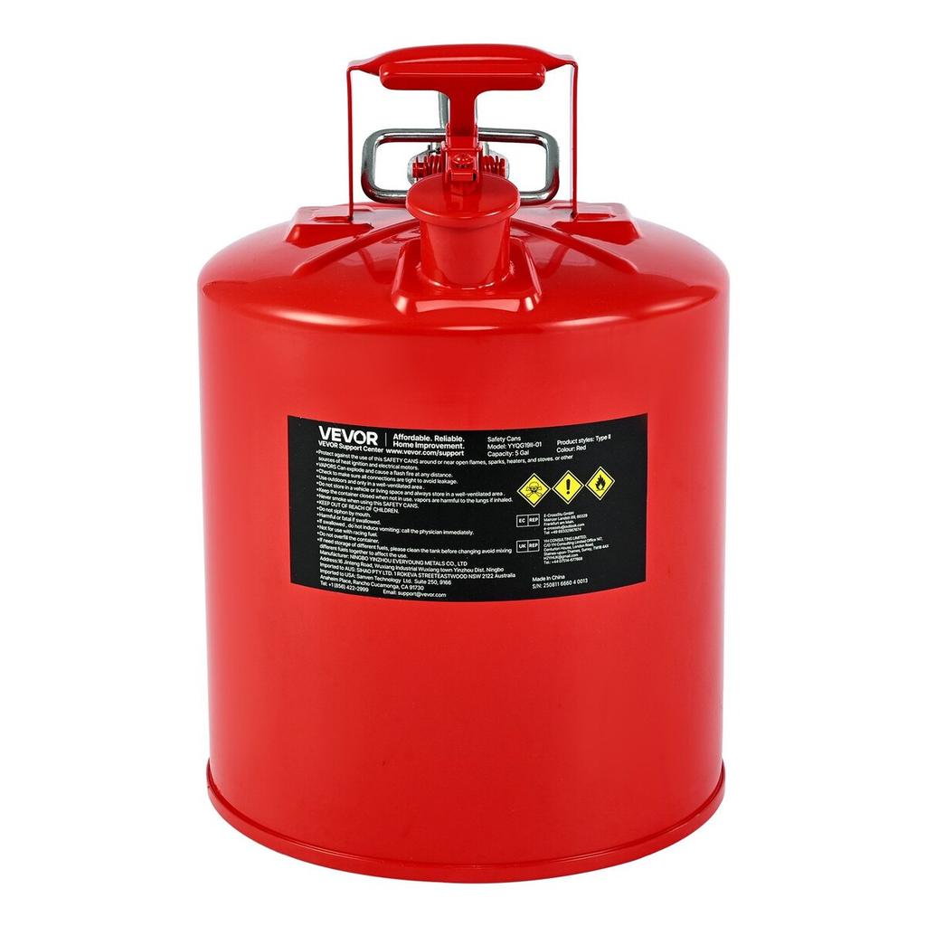 Safety Gas Can, 19 L Type II Red Safety Can for Gasoline with Stainless Steel Flame Arrester, Self-Closing Lid, and Flexible Metal Spout, Carbon Steel