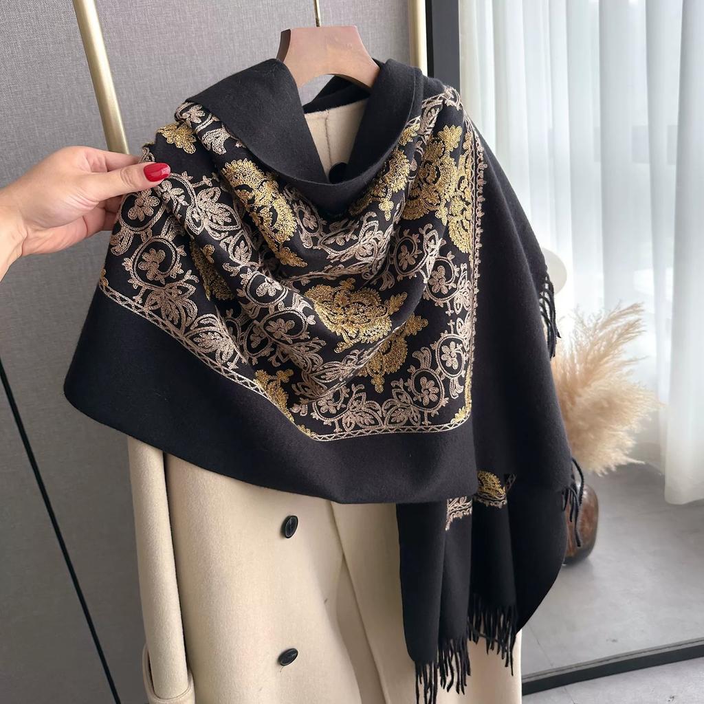 Winter Ethnic Style Totem Artistic Scarf Retro Elegant Faux Cashmere Embroidered Women'S Warm Scarf Air Conditioner Shawls