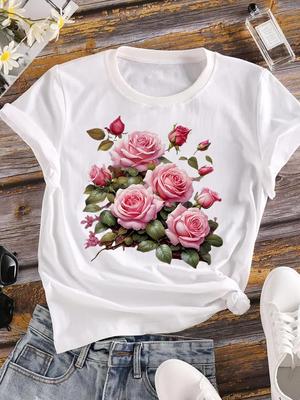 (Aziatische maat) Dames T-shirt Top Kleding Casual Bloem Mode Korte Mouw T-shirt Vrouwelijk Print zoete print schattig Dames Grafische T-shirts