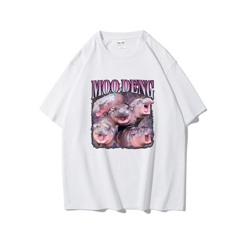Fun Printed Moo Deng Bouncing Pig Casual T Shirts Trend Loose Cotton Short Sleeved Round Neck Top