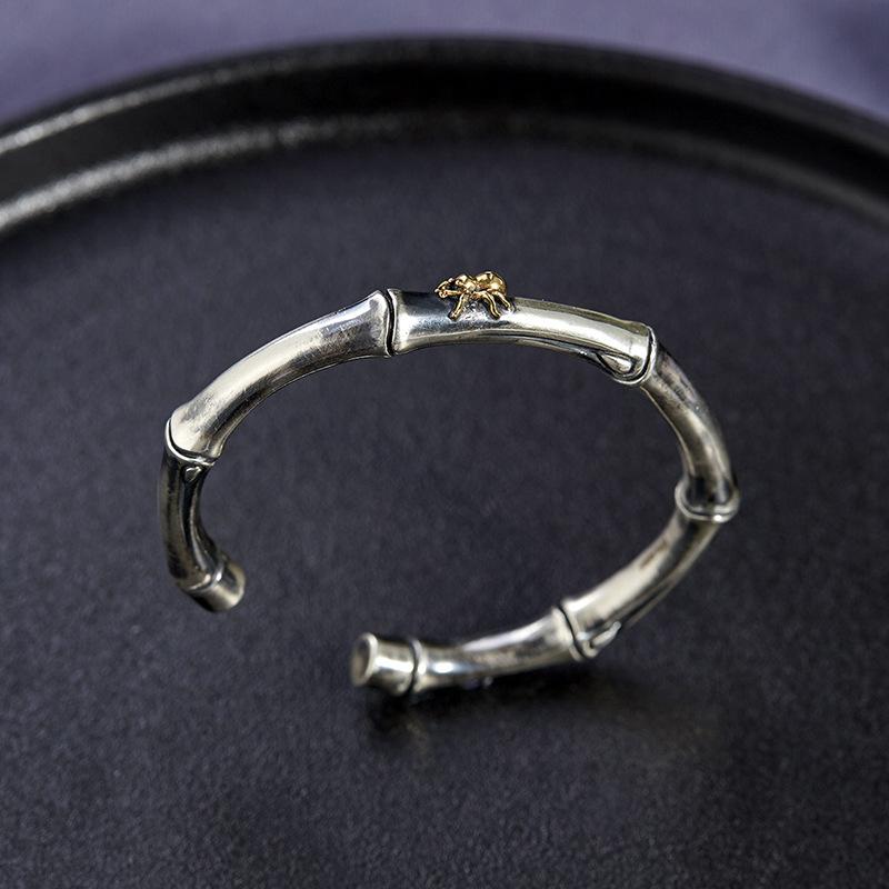 Buyee 925er Sterlingsilber Großer Herrenarmreif Kreis Elegantes Bambusgelenk Goldener Spinnennetz-Armreif für Frau Mann Mode Feiner Schmuck