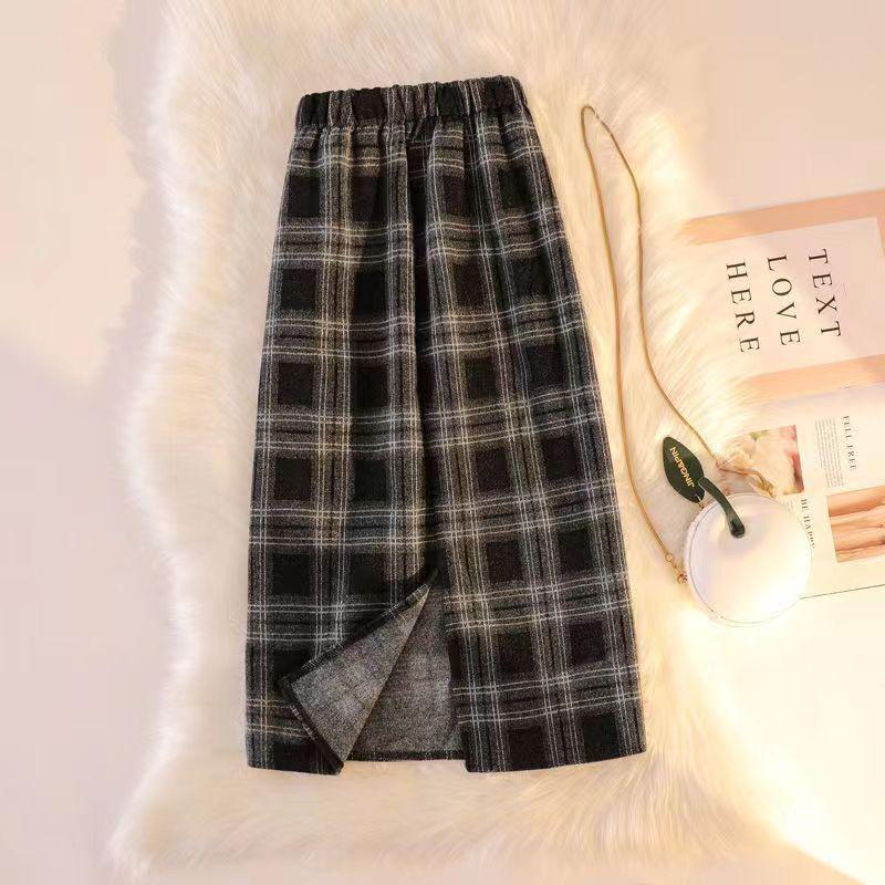Plaid Tweed High Waist Midi Skirt - Korean Style, Thickened, Warm, Elastic, with Slit.