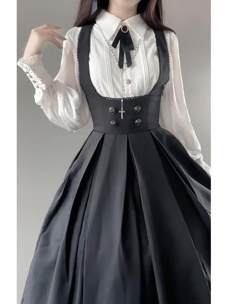 Gothic Lolita Blouse and Suspender Long Sleeves with Detachable French High Mori Girl Black and Size XL [XHSUKADO] 2-Piece Set Skirt, Ribbons, Girly,