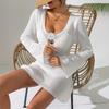 Women Sexy Deep V Hollow Out Long Flare Sleeve Crochet Flower Bodycon Mini Beach Cover Up Dress