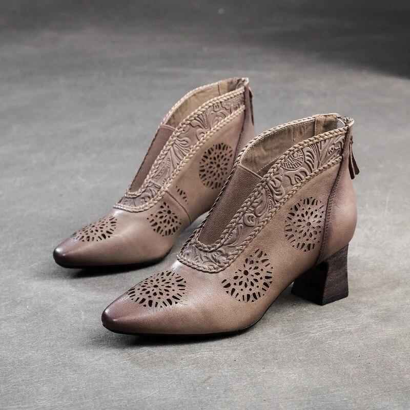 

Босоніжки Johnature з натуральної шкіри, повітропроникні чоботи з вирізом, ретро, ​​загострені високі підбори, жіноче взуття для приміських поїздок 40 хакі