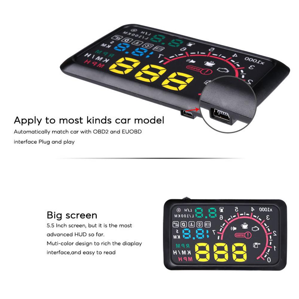 Araba HUD Head Up Display 5.5 "KM/saat ve MPH Hız Uyarısı OBD2 Arayüzü Ön Cam Projektörü