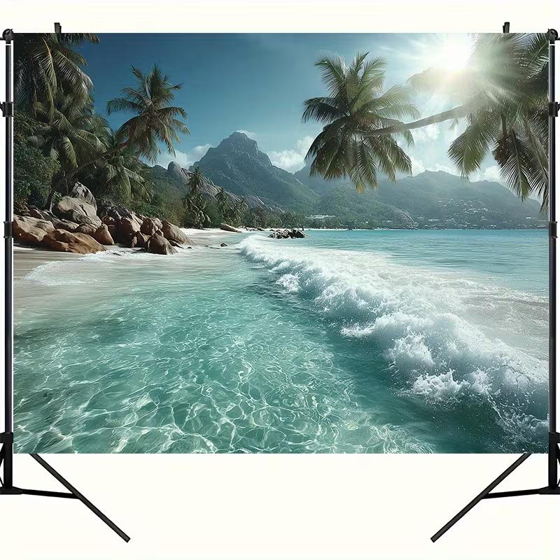 2D Tropical Island Clear Sea Wave Background for Beach Pool Birthday Party Decoration