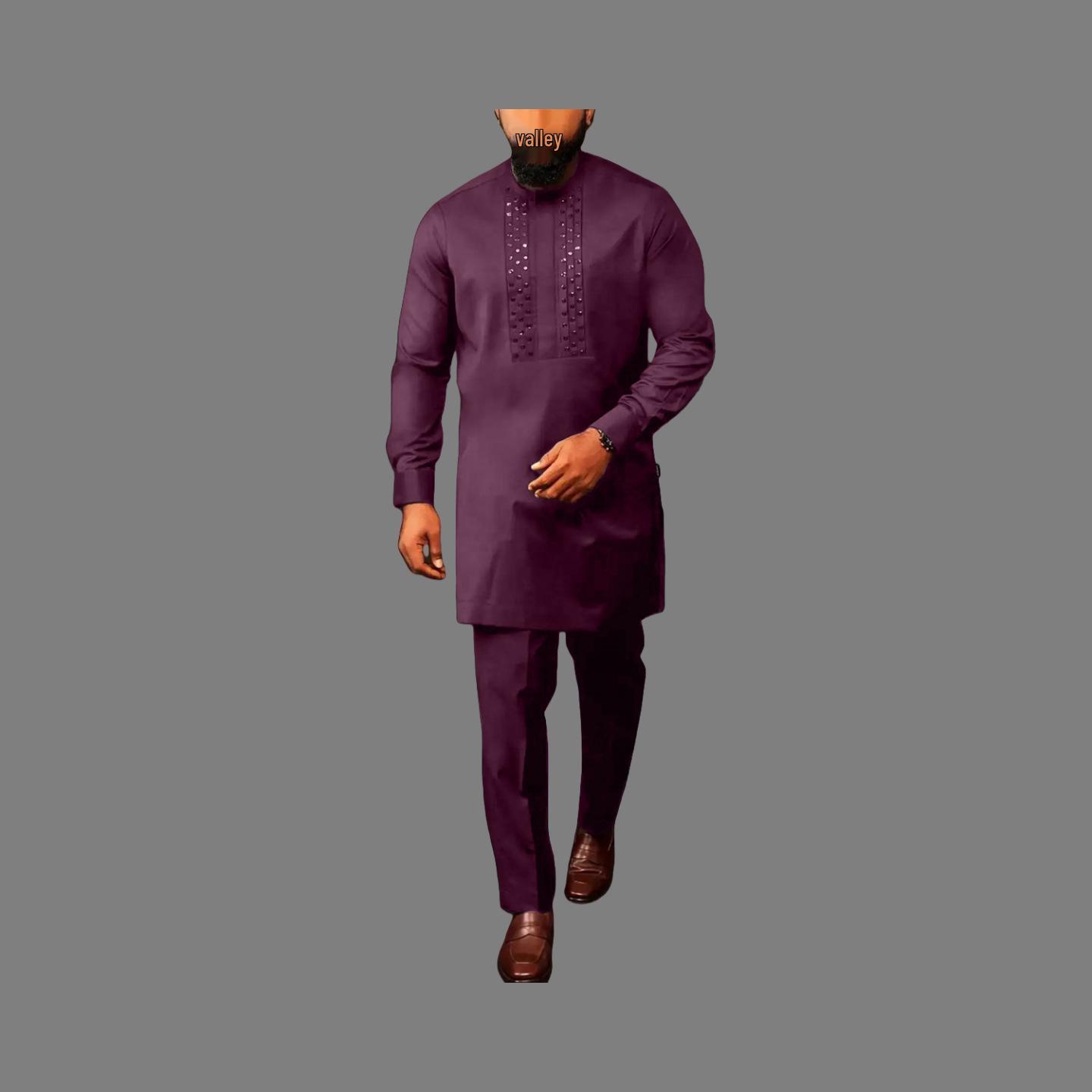 

Мужской этнический костюм из 2 предметов, однотонный, с бусинами, в африканском стиле, на каждый день, 2024 3XL фиолетовый