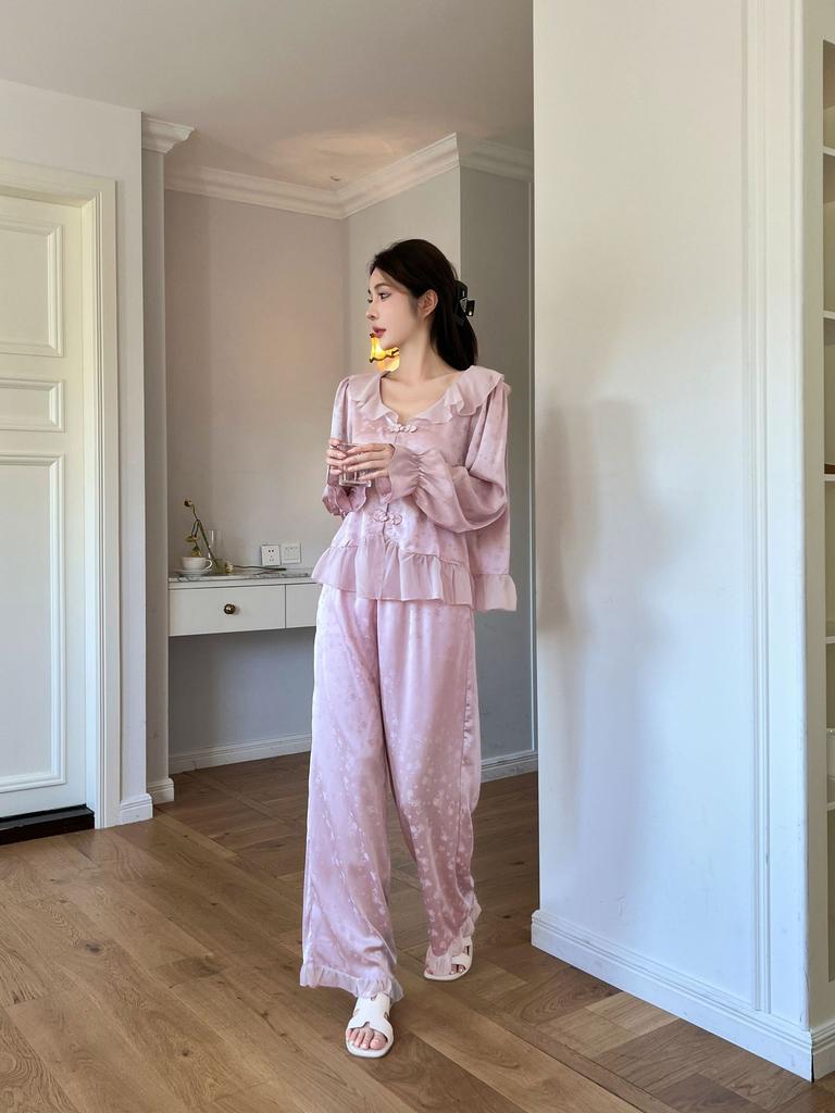 Ice silk jacquard autumn new pajamas women's Japanese sweet long-sleeved court style girl loungewear Xiaoxiangfeng pajamas