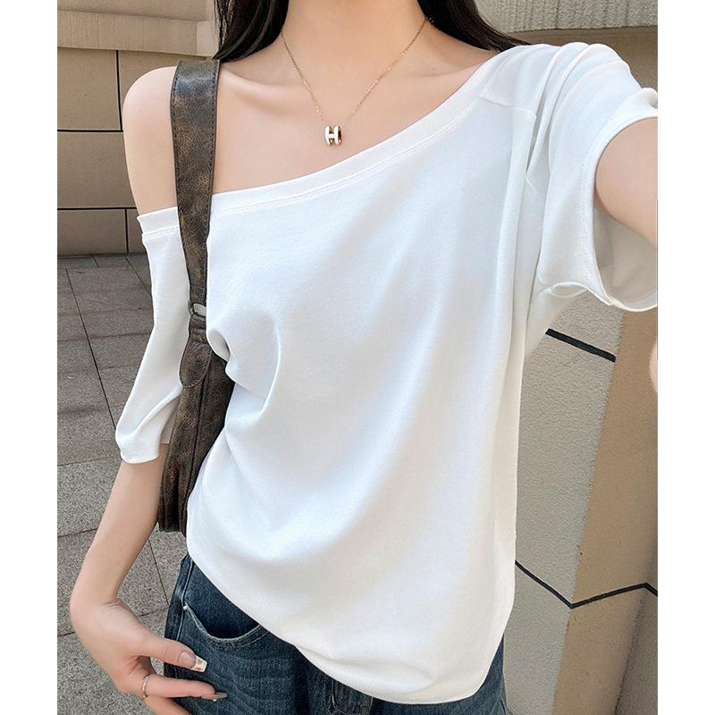 Bílé tričko s krátkým rukávem a šikmým ramenem pro ženy Na léto Nové volné zeštíhlující spodní tričko Top na jedno rameno