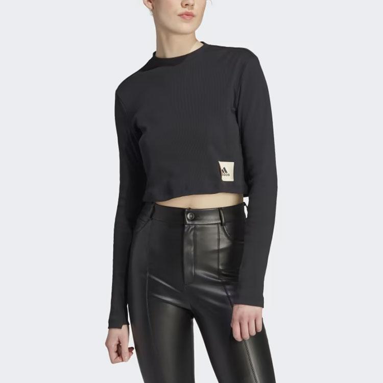 Adidas Lounge Ribbed Crop Long Sleeve Tee Women Tops Black IJ8469