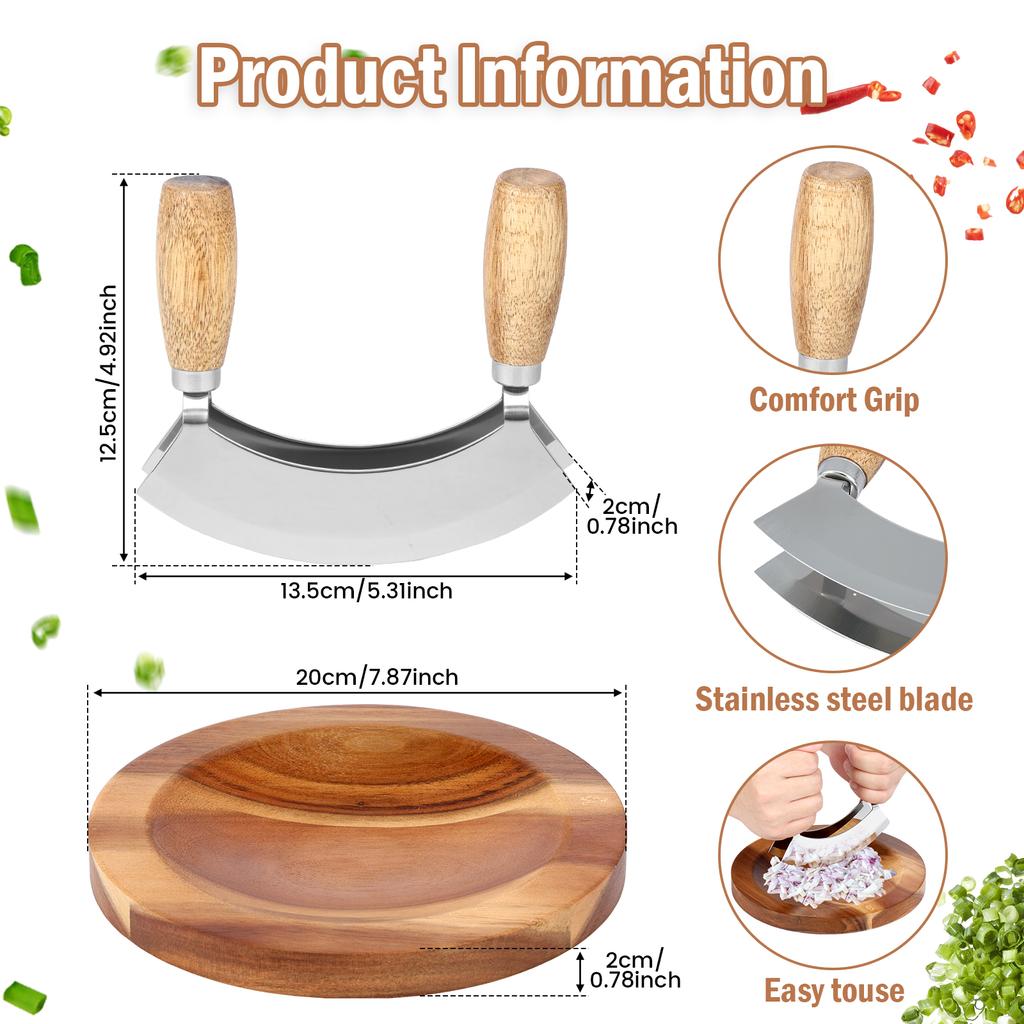 Zestaw noży Ulu z okrągłą deską do krojenia, stal nierdzewna, nóż do krojenia Rocker Chopper, nóż do pizzy, nierdzewny, krajalnica Rocker