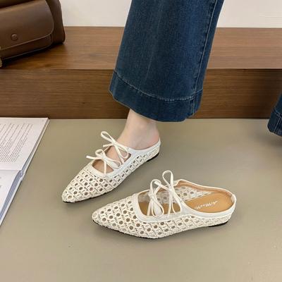 Large Size Woven Bag Head Half Slippers Women's Summer New Bow Hollow Holiday Cool Slippers