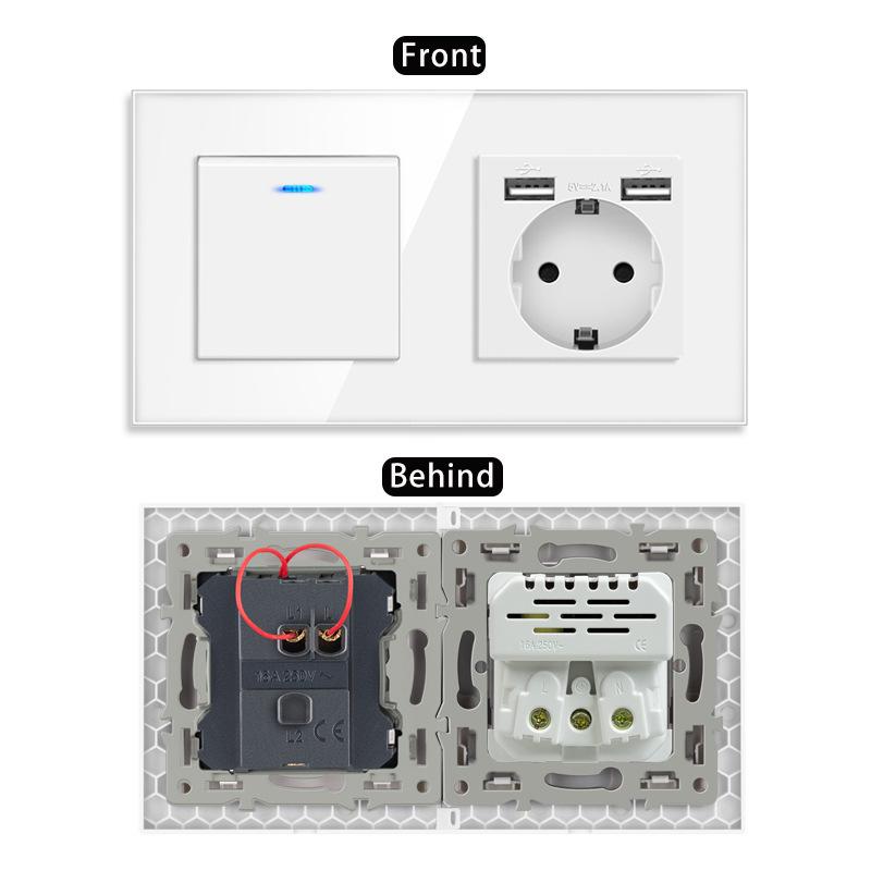 European Style Type 157 16A USB Wall Socket with LED Light, Glass Finish.