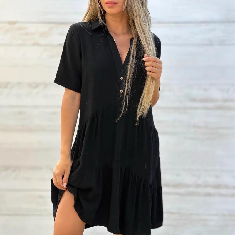 Abiti da donna ampi a tinta unita con revers casual a maniche corte in cotone e lino