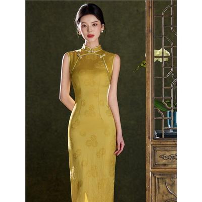 Women's Yellow Sleeveless Cheongsam: Elegant Slimming Retro Style with Stand-up Collar for Daily Wear