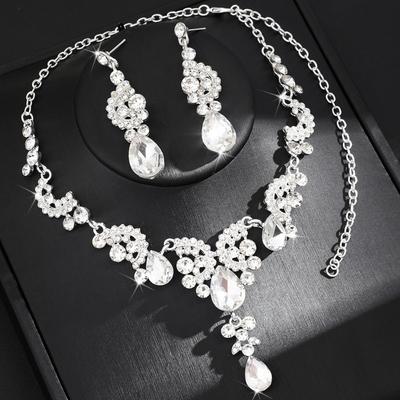 2 Stück/Set Funkelnde Braut Halsketten Ohrringe Kristall Halskette Ohrringe Set Hochzeit