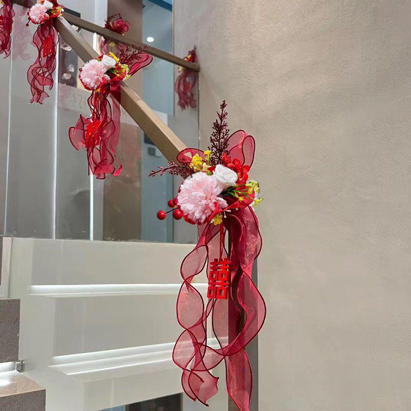 Wedding Staircase Handrail Decoration with Artificial Flowers and Pendants
