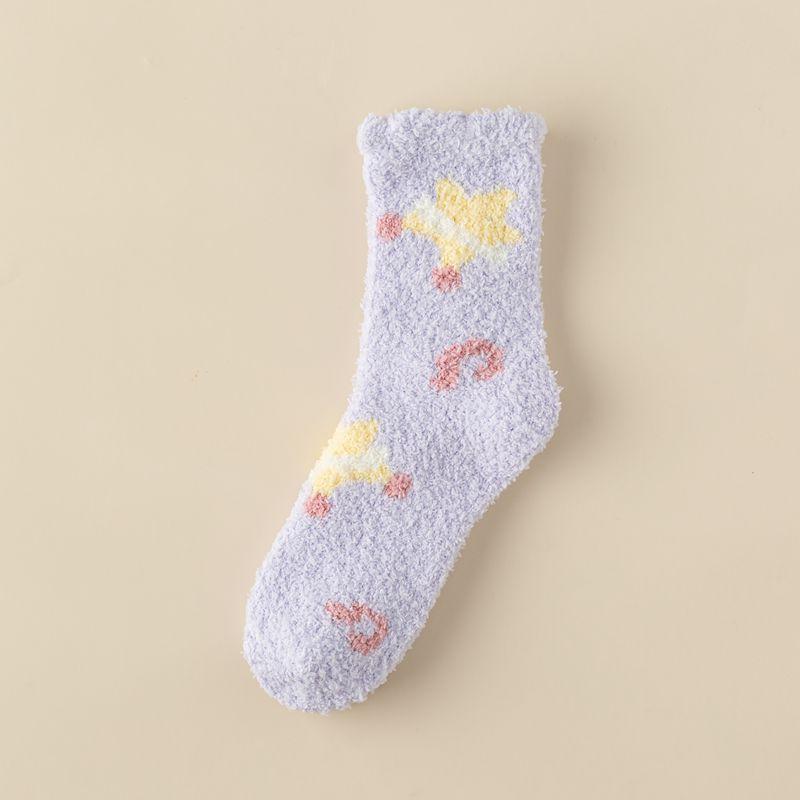 Socks Women Winter Warm Fluffy Fuzzy Cute Middle Tube Thick Thermal Soft Coral Fleece Floor Sleep Cartoon Star Short Crew Socks