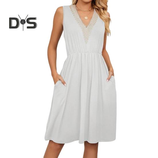 Damen Sommerkleid V-Ausschnitt Ärmellos Midikleider mit Taschen Lässiges Boho Strandurlaub Sommerkleider