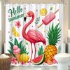 Hello Summer Flamingo Shower Curtain - Tropical Fruits & Ice Cream, 70.8x70.8", Polyester, 12 Hooks, Vibrant Bathroom Decor
