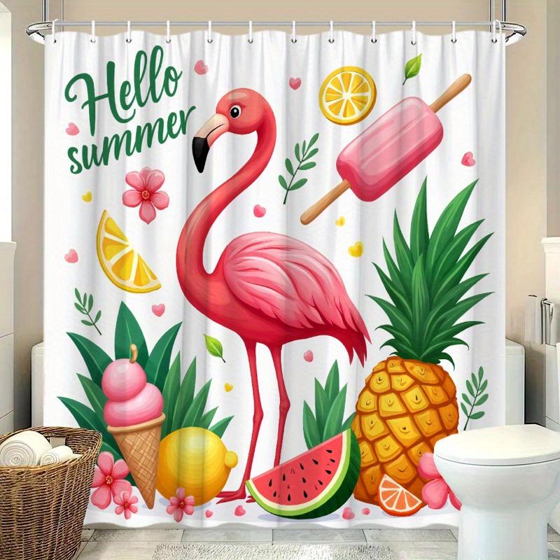 Hello Summer Flamingo Shower Curtain - Tropical Fruits & Ice Cream, 70.8x70.8", Polyester, 12 Hooks, Vibrant Bathroom Decor
