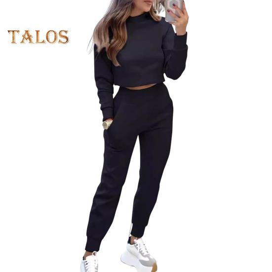 

2 шт./комплект женский топ брюки комплект высокий воротник длинные рукава Slim Fit Толстовка эластичные спортивные штаны с высокой талией спортивный костюм осенний повседневный спортивный костюм M чёрный