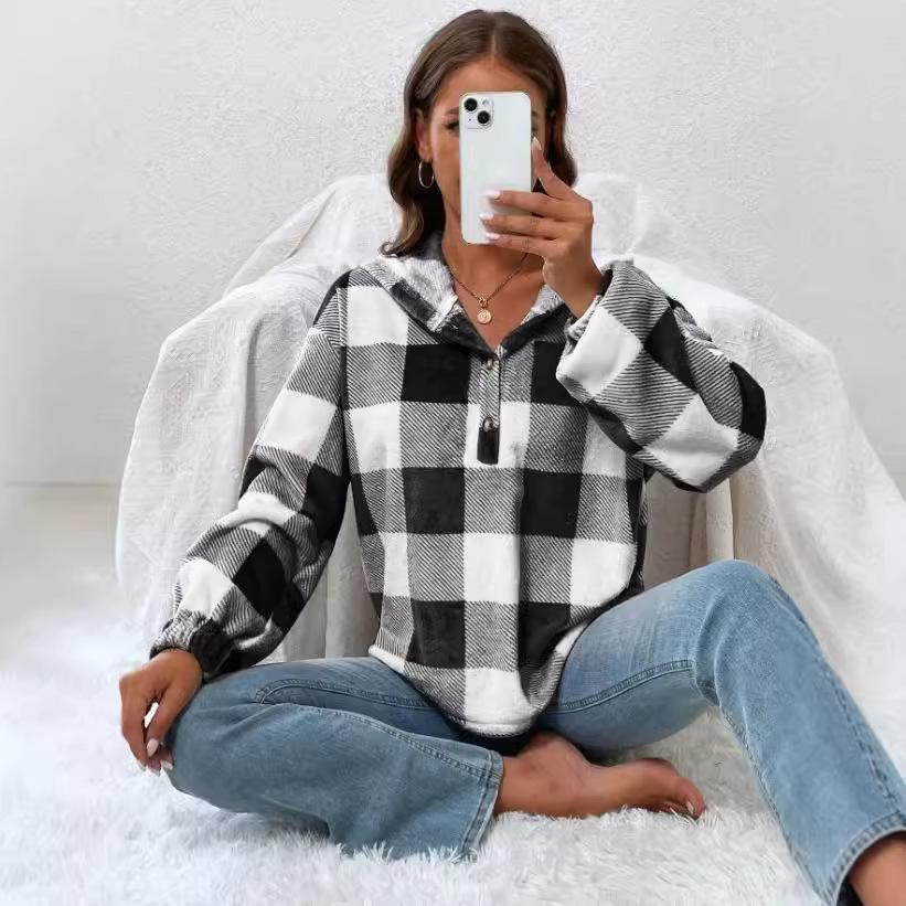 Plus Size Casual Sweatshirts Women's Plaid Print Long Sleeve Henley Hooded T-Shirt