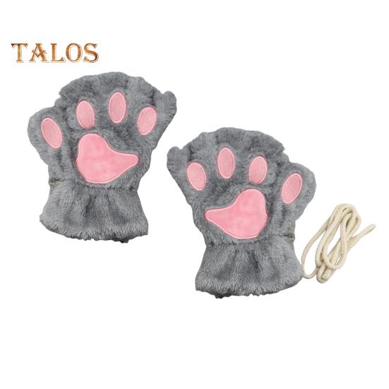 1 Pair Women Winter Gloves Half-finger Cat Paw Shape Thick Plush Elastic Warm Heat Retention Non-slip Windproof Wrist Protection Cycling Riding