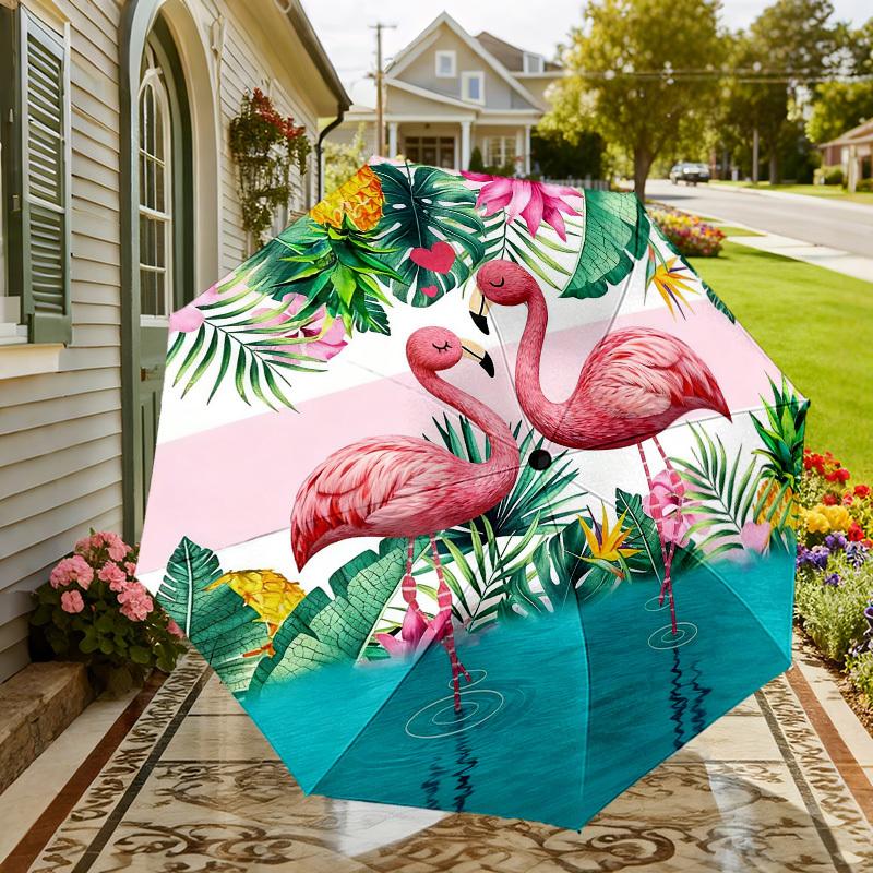 1pc Flamingo Tropical Automatic Folding Umbrella, Heavy Duty 8 Rib Iron Frame,  Suitable for Travel, Daily Use, Birthday, Decor Gift m0104045