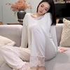 Modal Pajamas Women's Spring and Autumn New Long-sleeved Trousers Slanted Shoulders Sexy Lace Loungewear Suit with Chest Pads