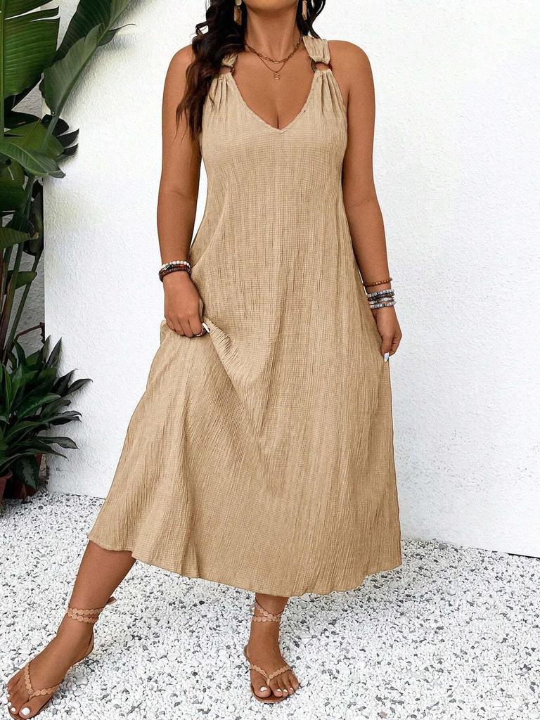 Damen Halterneck Plissee Midi Kleid Übergröße - Sommerlich Lässig Strandmode