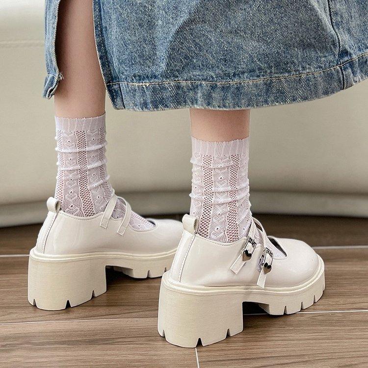 

2024 new retro French one-word buckle strap single shoes thick heel thick sole small leather shoes high heel light mouth Mary Jane shoes women 40 бежевый