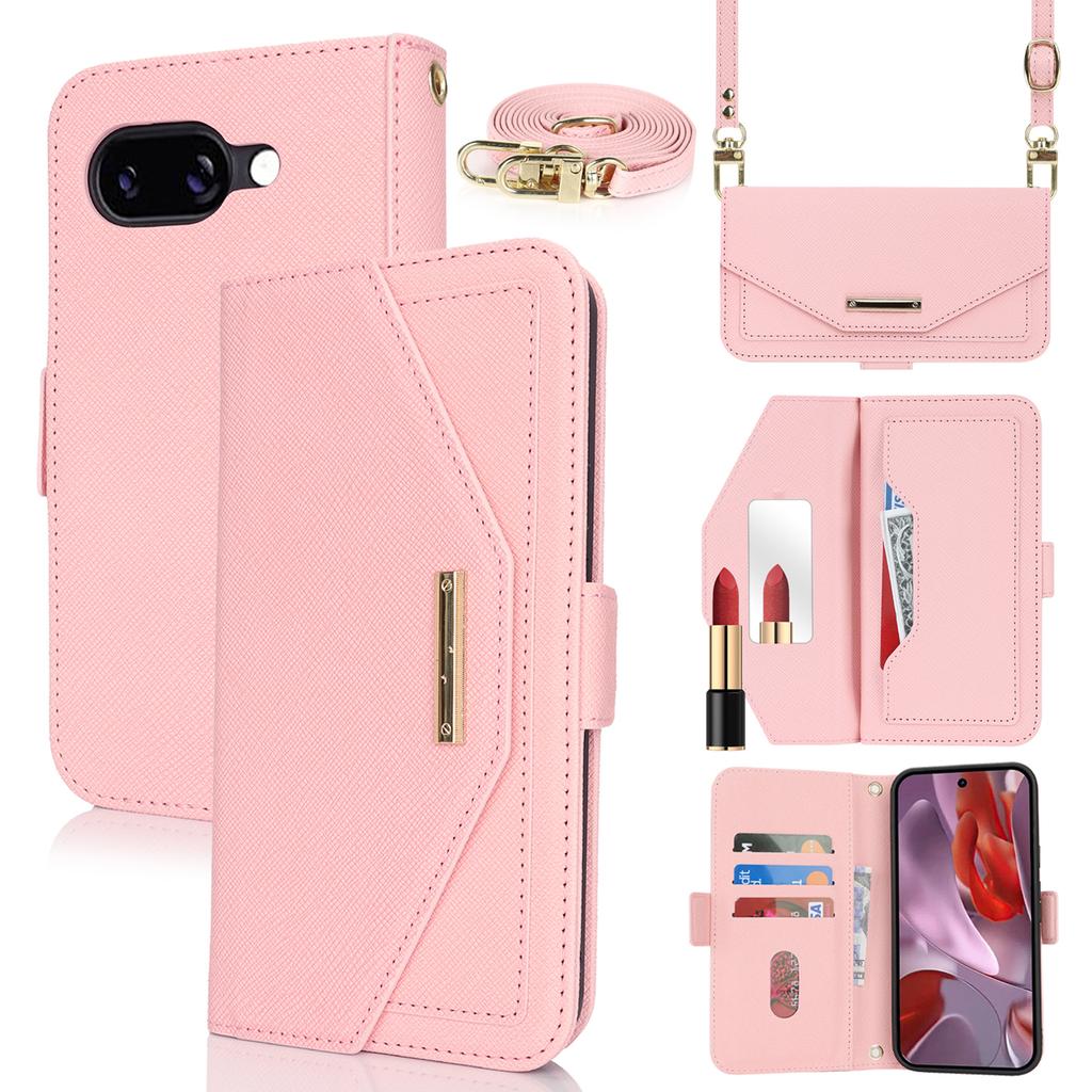 For Google Pixel 9a Stand Case Cross Texture PU Leather Wallet Phone Cover with Shoulder Strap/Makeup Mirror