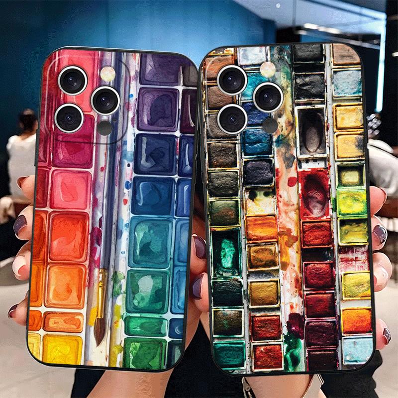 Watercolors Set Paint Palette Soft Phone Case for iPhone 16 16E 17 Air 15 Pro Max 14 Plus 13 Mini 11 12 7 Black Cover Back Shell