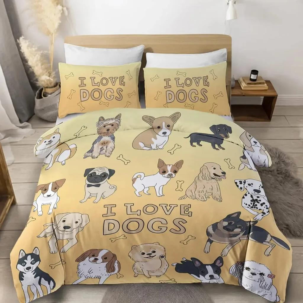 Cute Dogs Print Bedding Set Puppy Animal Duvet Cover Set Watercolor Pastel Dog Paw Comforter Cover Pug Dog Lover Bed Set