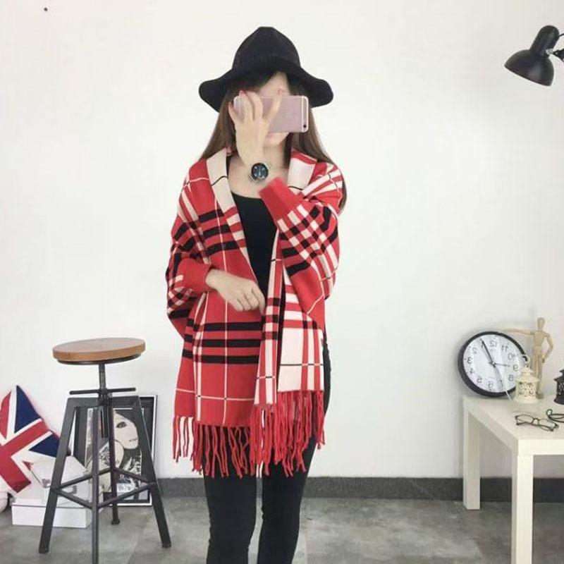 Sweater new women's cape loose plaid thick warm classic outer outfit knitted bat shirt tassel shawl jacket