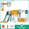 7-in-1 Kids Slide, Indoor Playground, Climbing Frame, House, Board, Basketball Hoop, 1-4 Years, Plastic, Yellow+Green